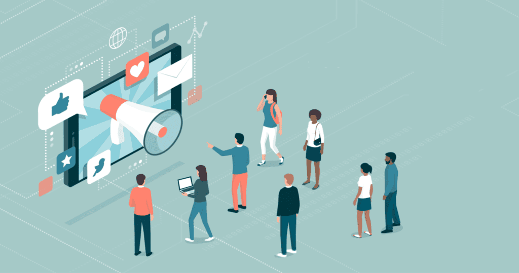 Cartoon illustration of characters interacting with an enlarged website that displays UX (user experience) factors.